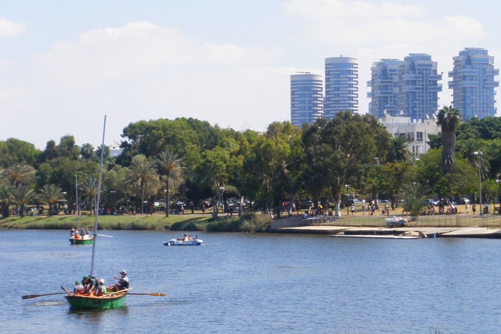 "remando en el rio Hayarkon, Tel Aviv - 2" de Tzvi Katz